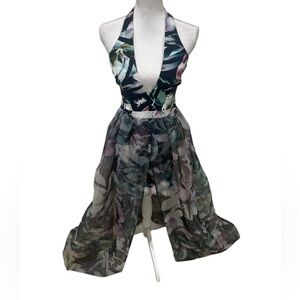 Bebe Multicolor Backless Halter mini Dress taffeta sheer maxi over skirt sz 4